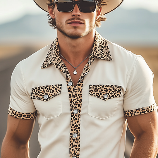 Men's Spring And Summer Classic Casual Retro Western Cowboy Style Cotton Blended Stitching Leopard Print Slim Short-Sleeved Shirt DDT25052917