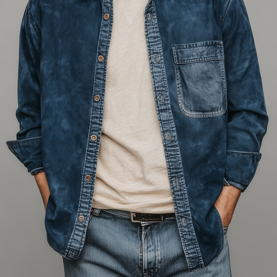 Men's Fashion Casual Thin Suede Splicing Denim Washed Long Sleeve Shirt DTT25072402