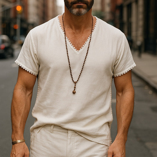Men's Summer Breathable And Comfortable Linen Lace V-Neck Short-Sleeved T-Shirt DDT25052805