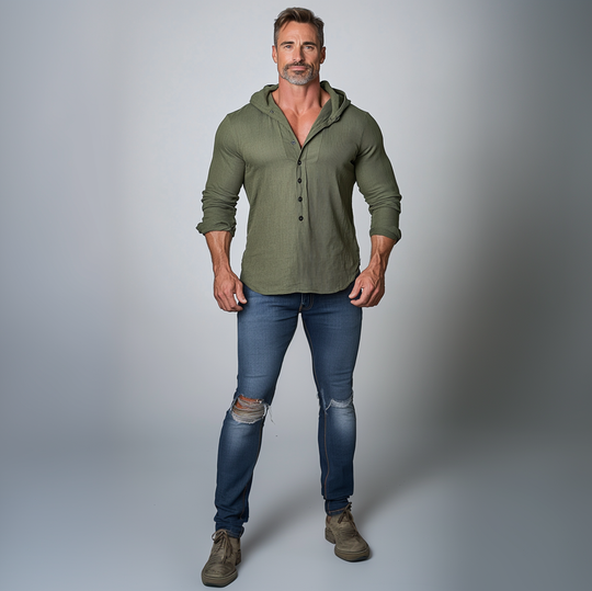 Men's Casual Solid Half Button Long Sleeve Hooded Shirt 9903587360952