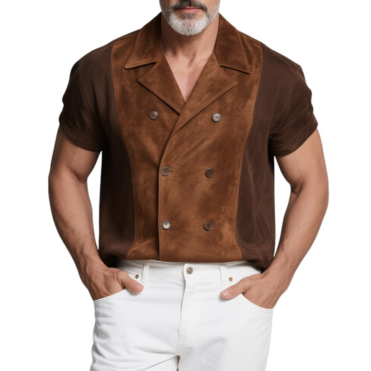 Men's Colorblock Faux Suede Lapel Short Sleeve Jacket DTT25073106