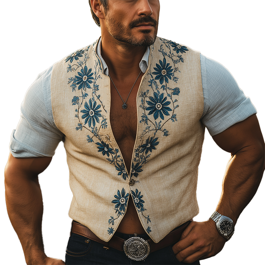 Men's Summer Fashion Embroidered Linen Blend Sleeveless Vest DTT25070109