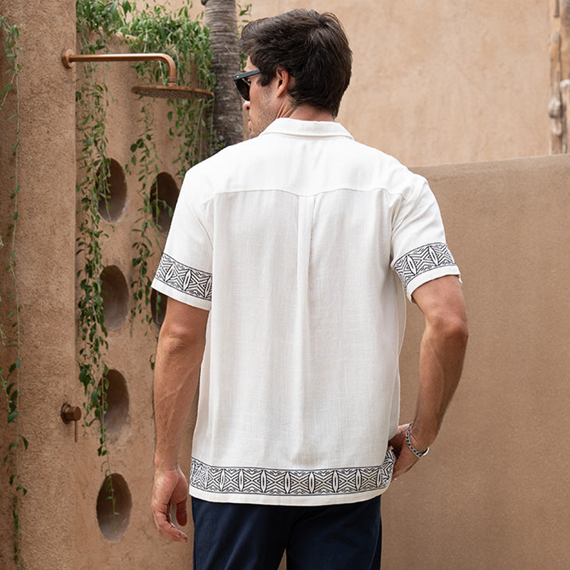 Men's Summer Casual Cotton And Linen Printed Lapel Short-sleeved Shirt DTT25070302