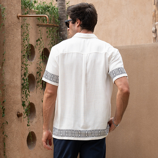 Men's Summer Casual Cotton And Linen Printed Lapel Short-sleeved Shirt DTT25070302