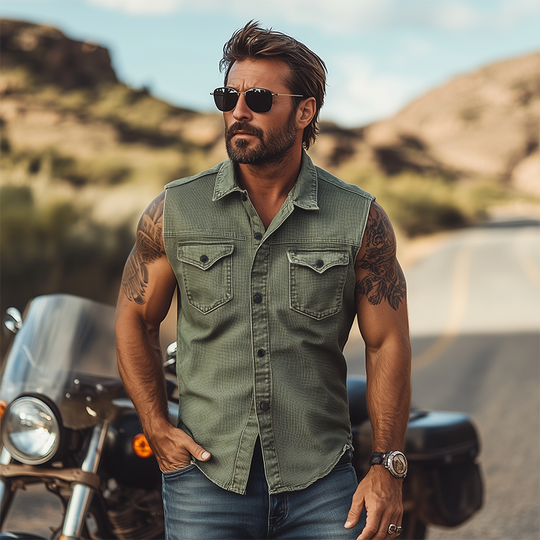 Men's Fashion Casual American Retro Western Tough Style Washed Denim Slim Sleeveless Shirt DTT25060305
