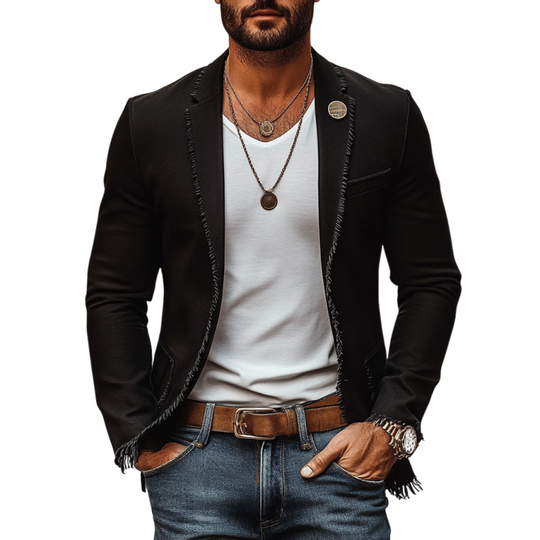 Men's Casual Linen Notch Lapel Single-breasted Patch Pocket Tassel Trim Slim-fit Blazer DDT25052924