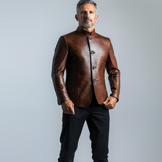 Men's Retro Stand Collar Single Breasted Long Sleeve PU Leather Jacket 9899605885112