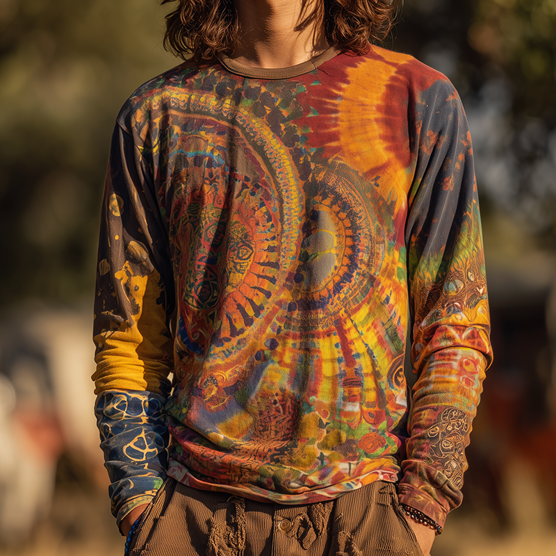 Men's Retro Casual Hippie Gradient Print Round Neck Long Sleeve T-shirt DTT25080710