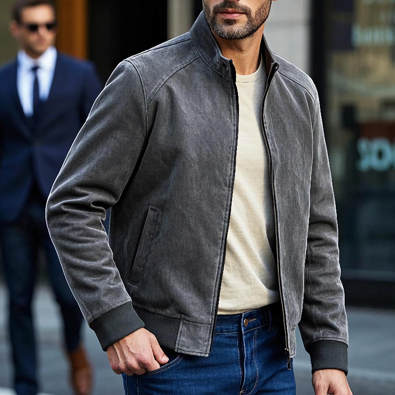 Men's Casual Suede Stand Collar Zip-up Slim Jacket 9909012824248