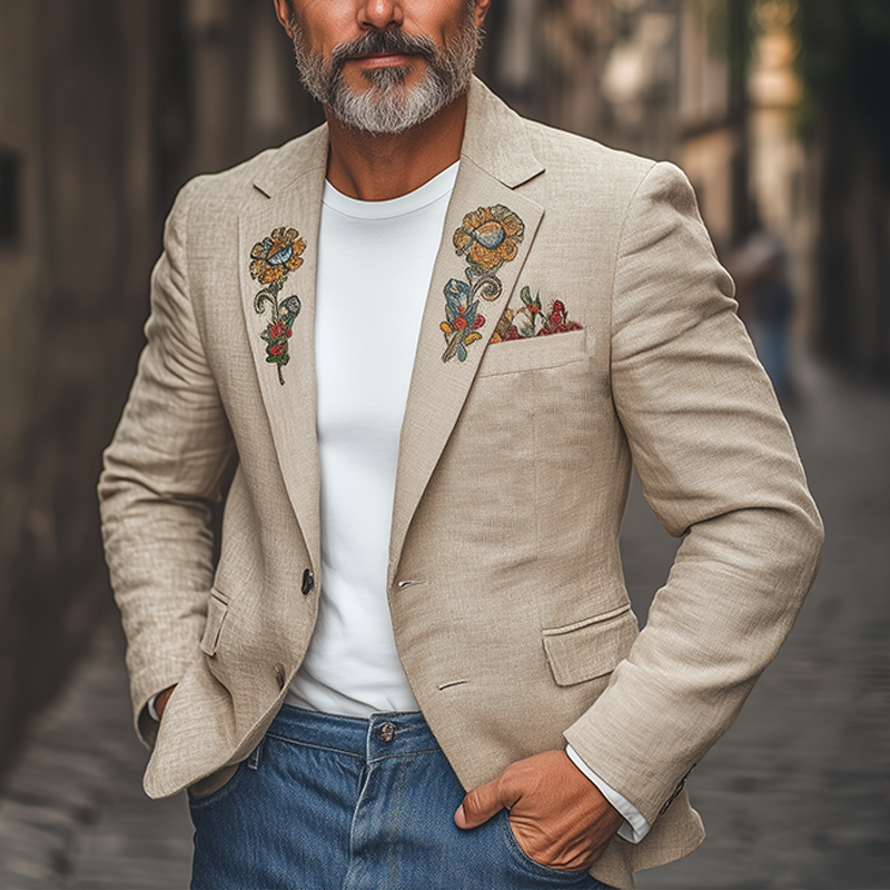 Men's Classic Casual Spring Thin Cotton And Linen Embroidery Slim Fit Single Breasted Blazer DTT25061017