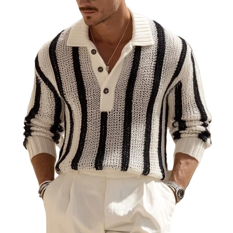Men's Vintage Contrast Striped Breathable Knit Polo Neck Loose Pullover Sweater DTT25082906