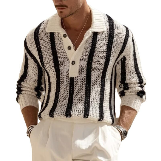 Men's Vintage Contrast Striped Breathable Knit Polo Neck Loose Pullover Sweater DTT25082906