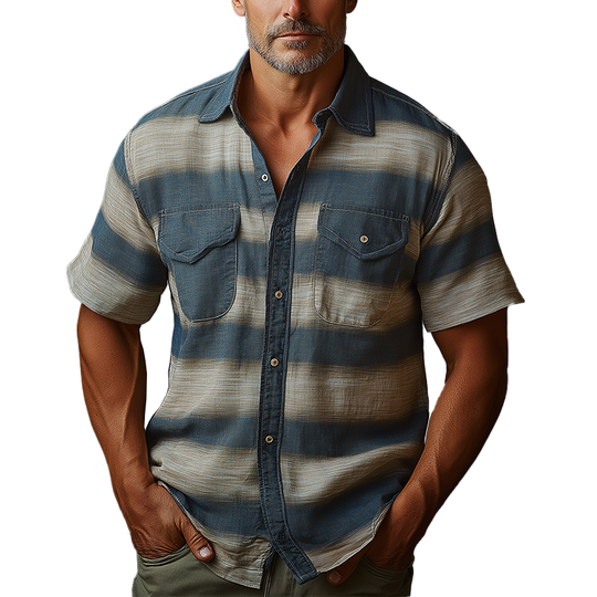 Men's Summer Fashion Stripe Printed Polyester Blend Short Sleeve Shirt DTT25061313