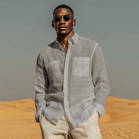 Men's Casual Solid Color Breathable Linen Lapel Patch Pocket Loose Long Sleeve Shirt DTT25070913
