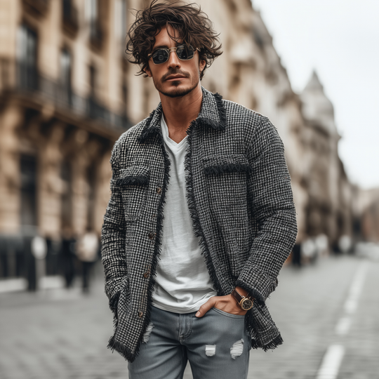 Men's Fashion Houndstooth Patchwork Tassel Edge Lapel Chest Pocket Single Breasted Mid-Length Jacket DTT25072302