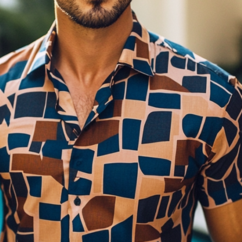 Men's Retro Casual Geometric Print Lapel Short Sleeve Shirt 9911546478776