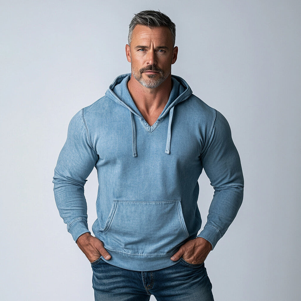 Men's Denim Kangaroo Pocket Long Sleeve Drawstring Hoodie 9899606835384