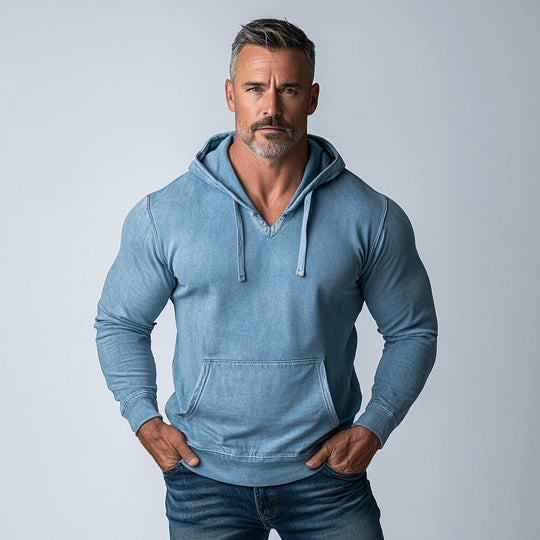 Men's Denim Kangaroo Pocket Long Sleeve Drawstring Hoodie 9899606835384