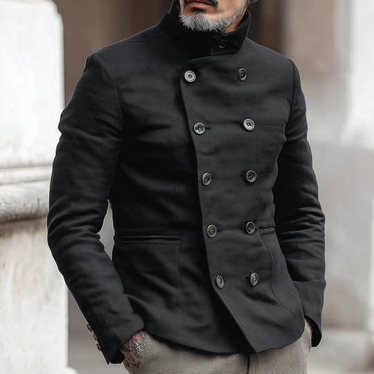 Men's Woven Cotton Stand Collar Double Breasted Jacket DTT25082904