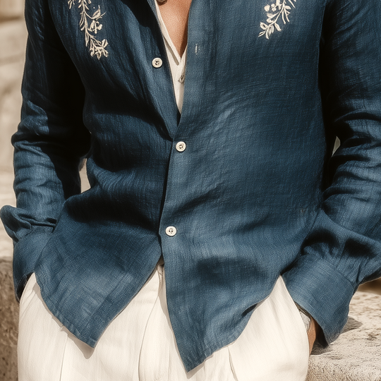 Men's Classic Casual Tencel Cotton And Linen Embroidered Stand Collar Long Sleeve Shirt DTT25072111