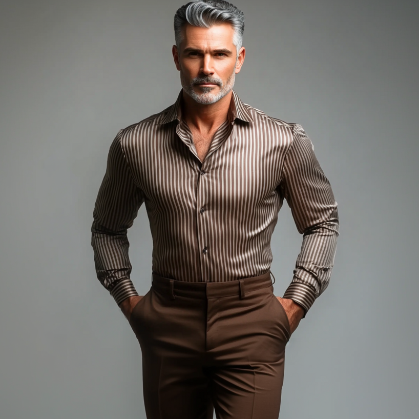 Men's Business Satin Single Breasted Stripe Pattern Long Sleeve Shirt 9913235800248