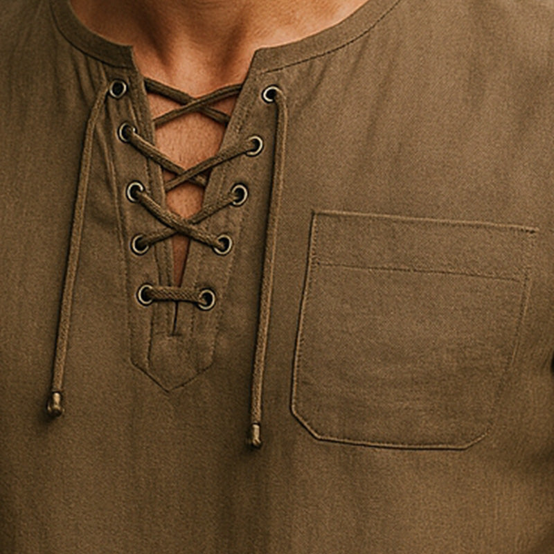 Men's Summer Breathable And Comfortable Linen Lace-Up Short-Sleeved Shirt DDT25052806