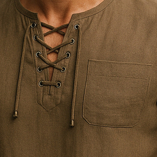 Men's Summer Breathable And Comfortable Linen Lace-Up Short-Sleeved Shirt DDT25052806