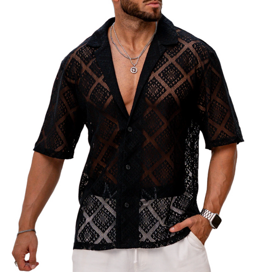Men's Spring And Summer Fashion Casual Lace Slightly Transparent Sexy Short-sleeved Shirt DTT25070801