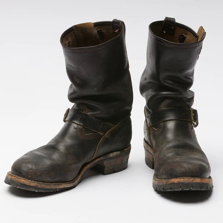 Men's Vintage Triple Stitched Black Horsehide Brass Buckle Boots 9891526017208