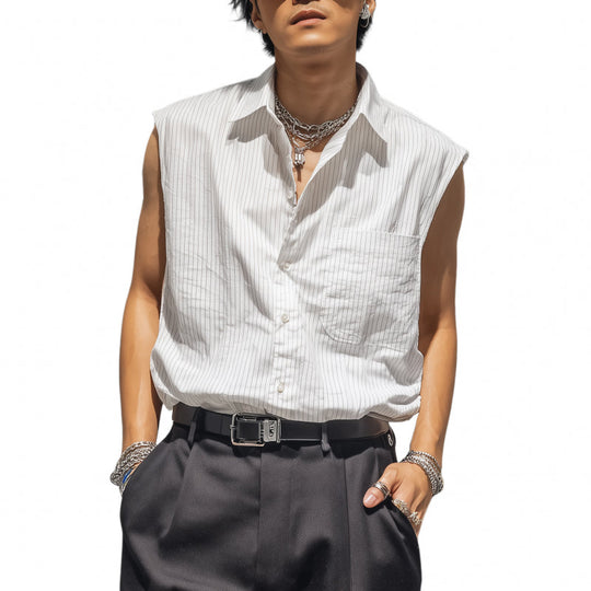 Men's Casual Breathable Cotton Striped Lapel Patch Pocket Loose Sleeveless Shirt DTT25080101