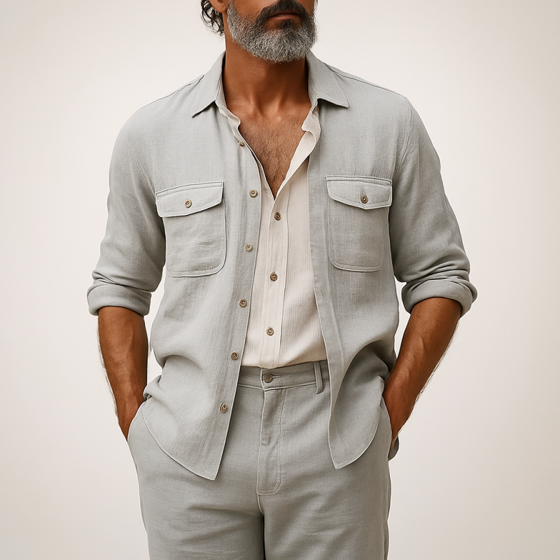 Men's Casual Breathable Linen Lapel Chest Pocket Loose Long Sleeve Shirt DDT25052905