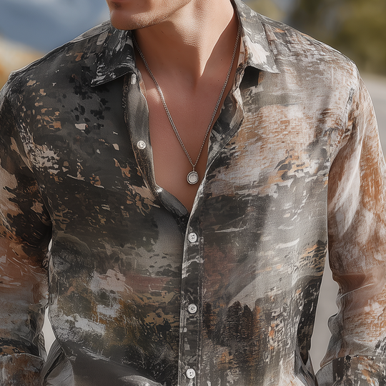 Men's Summer Fashion Casual Chiffon Slightly Transparent Sexy Art Print Long Sleeve Shirt DTT25071013