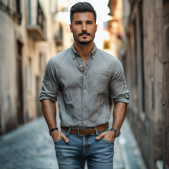 Men's Casual Breathable Cotton Linen Lapel Patch Pocket Slim Fit Long Sleeve Shirt DTT25070816
