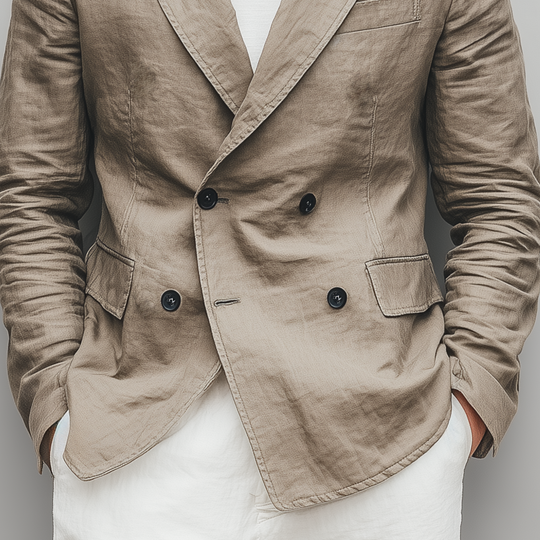 Men's Classic Casual Cotton And Linen Blend Solid Color Double Breasted Blazer DTT25073013