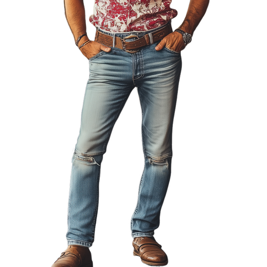 Men's Western Cowboy Style Vintage Ripped Distressed Slim Fit Jeans DTT25061607