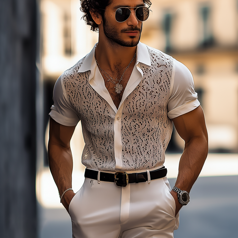 Men's Lace And Chiffon Stitching Lapel Short Sleeve Shirt DTT25070818