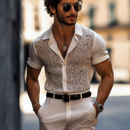 Men's Lace And Chiffon Stitching Lapel Short Sleeve Shirt DTT25070818