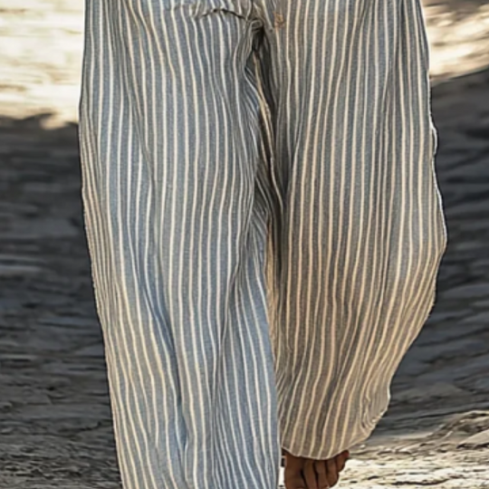 Men's Retro Cotton And Linen Stripes Vacation Elastic Waist Wide Leg Pants 9899721195704