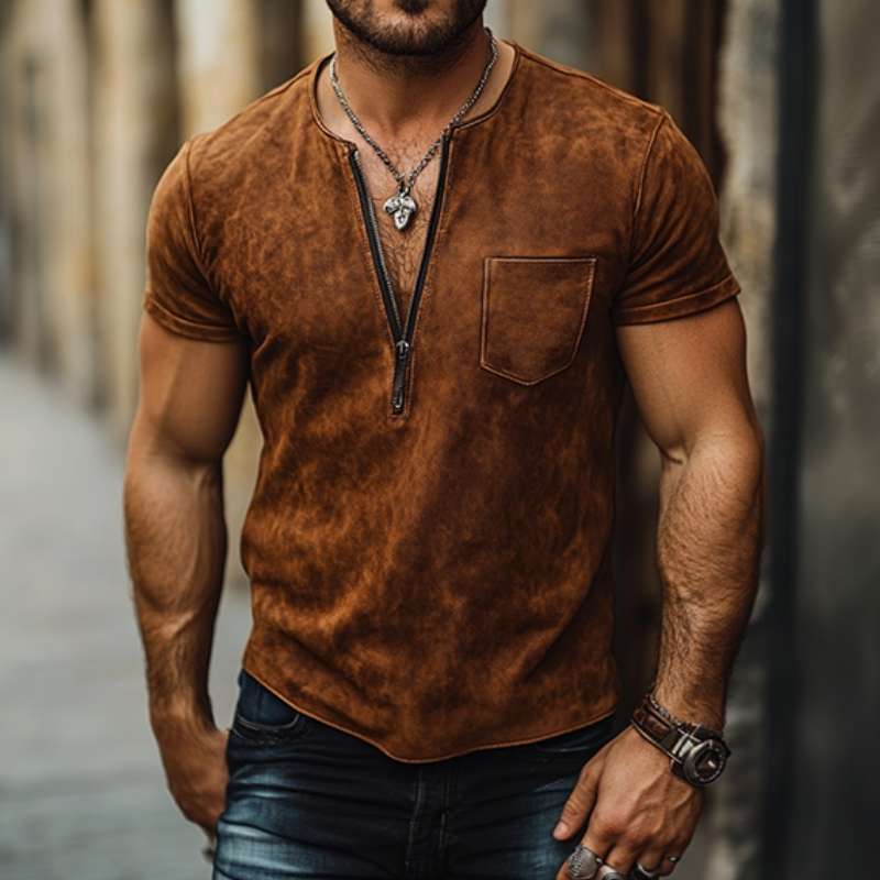 Men's Classic Casual Western Style V-Neck Slim Suede T-Shirt 9903258632376