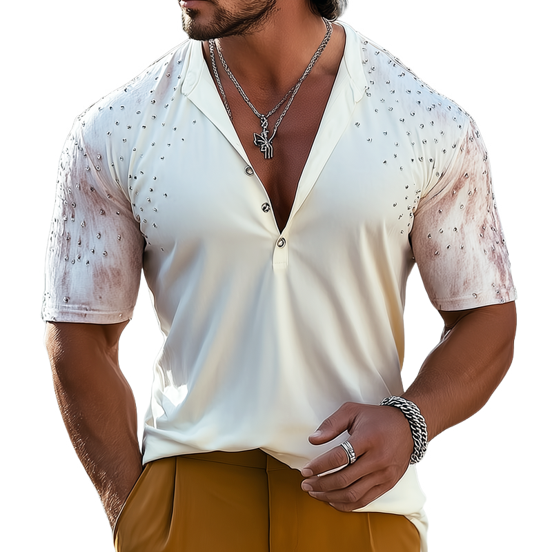 Men's Punk Rivets Print Short Sleeve Henley Collar T-shirt DTT25072313