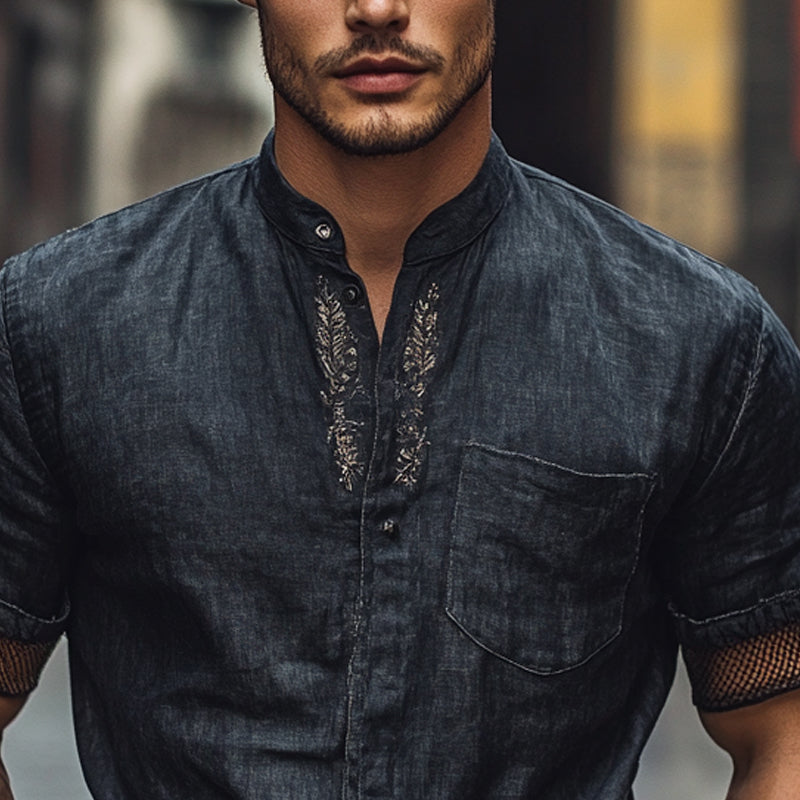 Men's Solid Color Embroidered Stand Collar Short Sleeve Shirt DTT25053020