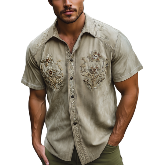 Men's Summer Floral Embroidered Suede Short Sleeve Shirt DTT25061016