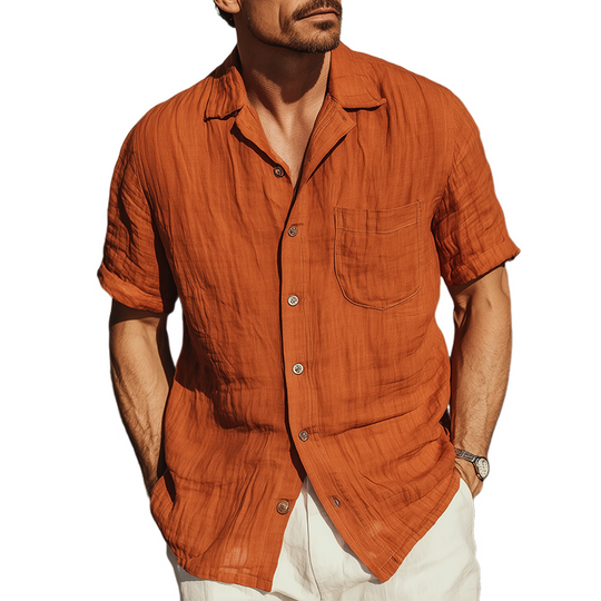 Men's Classic Casual Silk Cotton Pleated Short Sleeve Shirt DTT25070403