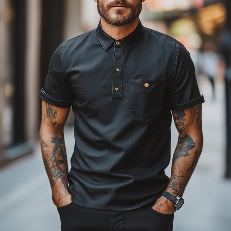 Men's Vintage Leather Lapel Short Sleeve T-Shirt DTT25062719