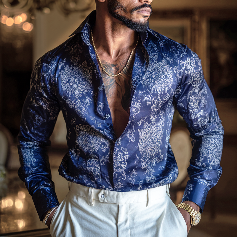 Men's Vintage Print Satin Lapel Long Sleeve Shirt DTT25081401