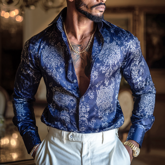 Men's Vintage Print Satin Lapel Long Sleeve Shirt DTT25081401