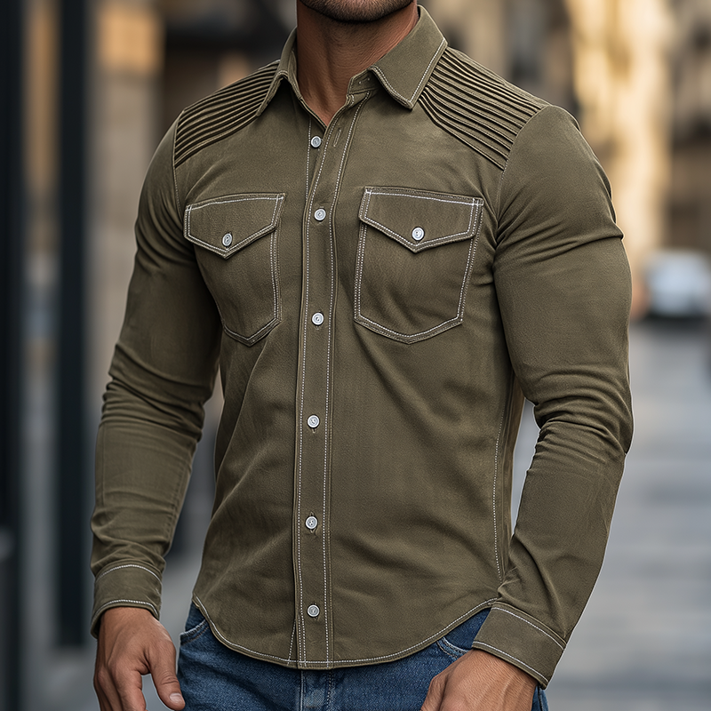 Men's Vintage Casual Suede Pleated Lapel Long Sleeve Shirt DTT25082709