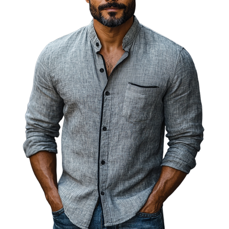 Men's Cotton And Linen Colorblock Trim Stand Collar Long Sleeve Casual Shirt 9903260336312