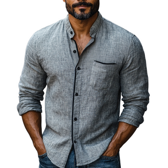 Men's Cotton And Linen Colorblock Trim Stand Collar Long Sleeve Casual Shirt 9903260336312