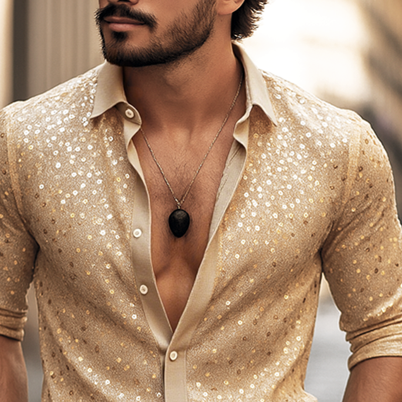 Men's Sequin Lapel Long Sleeve Shirt DTT25062410